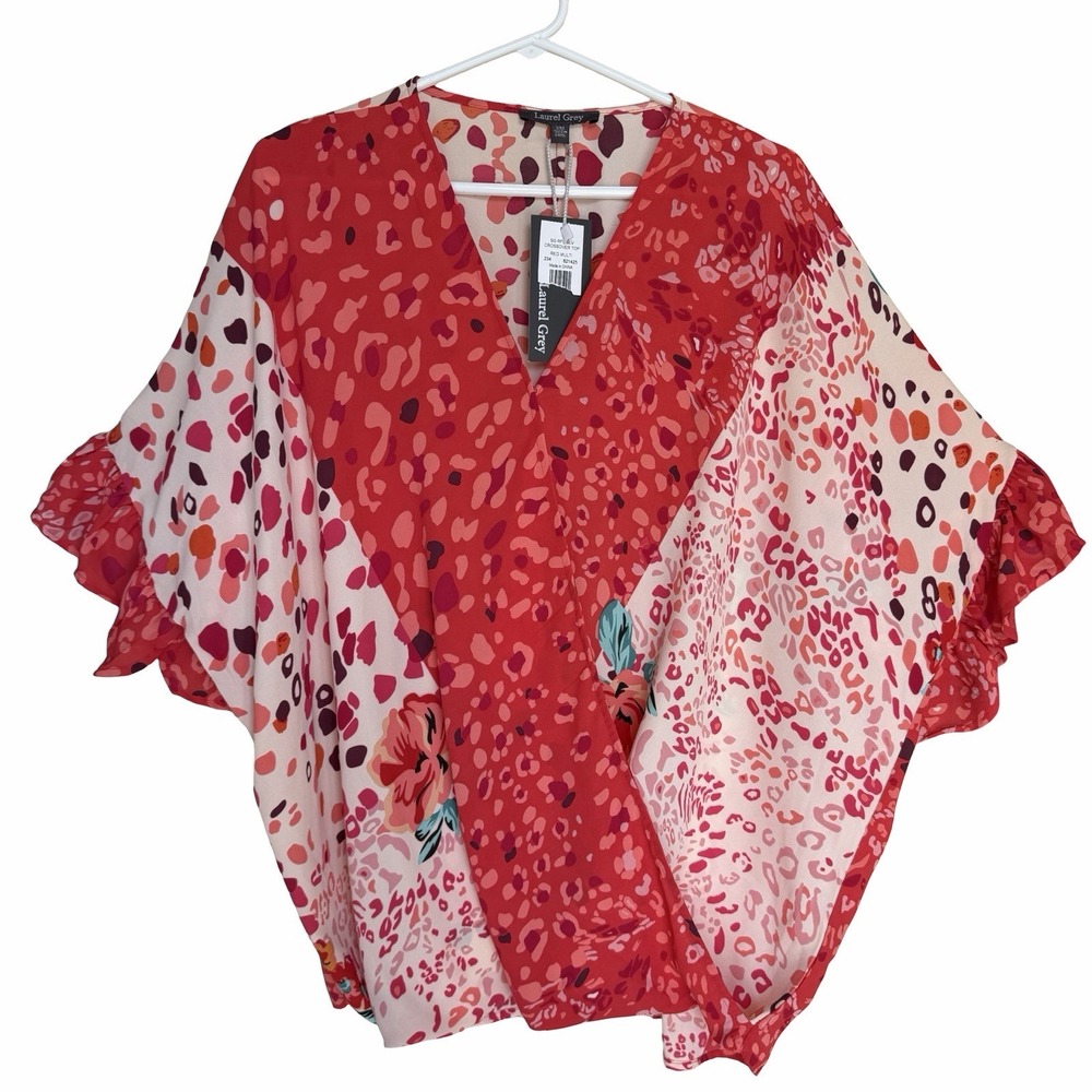 NWT Laurel Grey Floral Animal Print Blouse XXL Mixed Print Crossover Ruffles Red